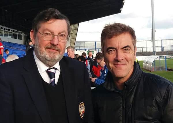 Hunter McClelland, Coleraine FC fan, and actor James Nesbitt (also a fan of the club) pictured at the Coleraine Showgrounds, during the 2017/18