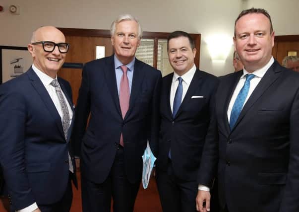 EU Brexit chief negotiator Michel Barnier, second left, pictured with from left, Colin Neill, Hospitality Ulster, Glyn Roberts, Retail NI, and Stephen Kelly of Manufacturing NIduring their meeting in Newry