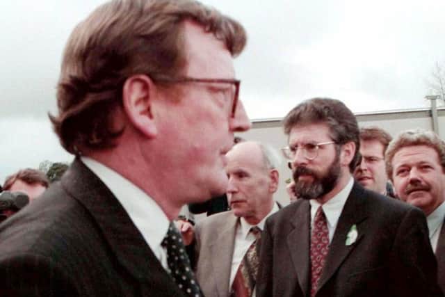Ulster Unionist Party leader David Trimble and Sinn Fein President, Gerry Adams pass within touching distance outside Castle  Buildings, Stormont during a break in the 1998 negotiations before the signing of the Good Friday Agreement.
Picture Pacemaker