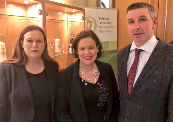 Sinn Fein president Mary Lou McDonald (centre) with Sinn Fein TD Louise O'Reilly and Ian Marshall. Photo: @MaryLouMcDonald/PA Wire