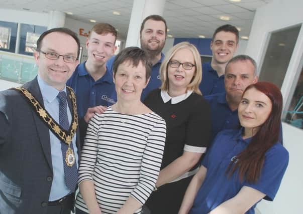 Joanna Ireland with the Mayor of Antrim and Newtownabbey, Cllr Paul Hamill, Jayne Murray from BHF NI and Isaiah Close, Tim Ayre, Alex Deaney, Lee Irvine and Janelle Close.