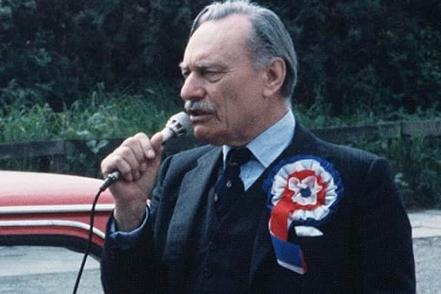 Enoch Powell canvassing in South Down in 1983. In 1986, Ben Lowry as a teenager heard Powell speak at a unionist meeting, at the beginning of which he affirmed his opposition to Sunday trading