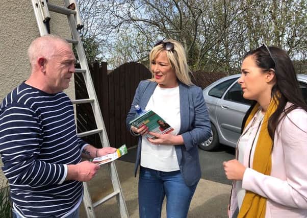 Sinn Fein candidate Orfhlaith Begley (right) on the campaign trail with party vice president Michelle ONeill