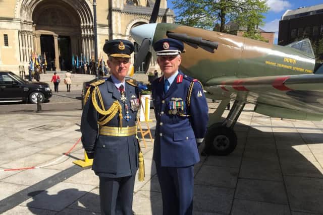 (left to right) Air Chief Marshal Sir Stephen Hiller, left, and Irish Air Corps Brigadier General Sean Clancy pictured ahead of an event marking the RAF's centenary at St Anne's Cathedral in Belfast.