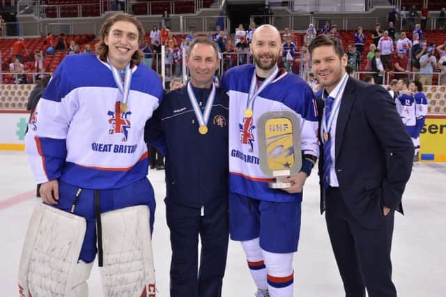 Colin Shields, Giants and GB all-time leading scorer, Jackson Whistle, Adam Keefe (Assistant Coach) and Jason Ellery (Equipment Manager) helped Team GB clinch back-to-back gold medals following 2017's triumph.  Dean Woolley (Ice Hockey UK)