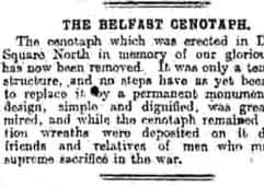 Reference to Belfast Cenotaph in Belfast News Letter, August 20th 1919
