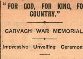 Garvagh war memorial headline in Northern Whig, March 28th 1924