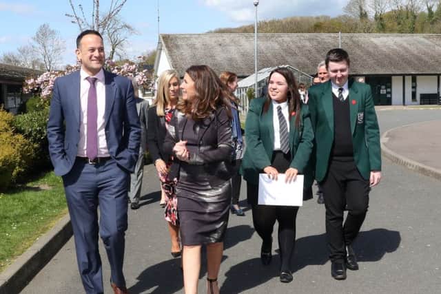 Leo Varadkar with New-Bridge Integrated College principal Anne Anderson, head girl Alana McCourt and head boy Matthew Houston during his visit to Loughbrickland