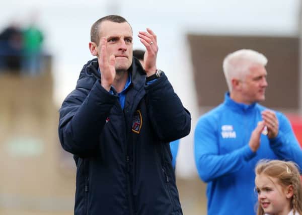 Coleraine manager Oran Kearney salutes the fans at the end of the match at Mourneview Park on Saturday.    Mandatory CreditÂ©INPHO/PressEye.com/Jonathan Porter
