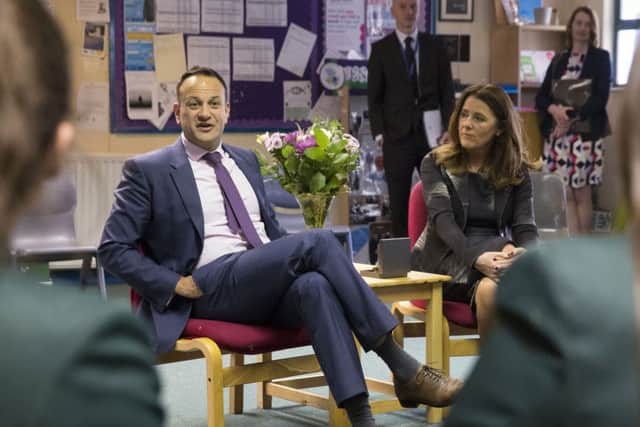 Taoiseach Leo Varadkar speaks with students at New-Bridge Integrated College in Loughbrickland on Monday