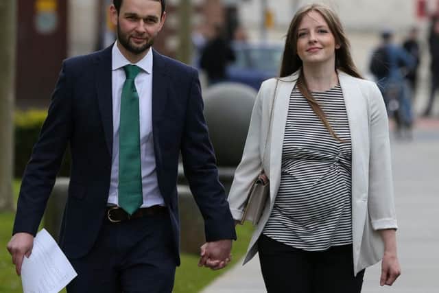Daniel McArthur and his wife Amy arrive at the Royal Courts of Justice in Belfast where the Supreme Court is examining issues linked to the Ashers Baking Company "gay cake" case.