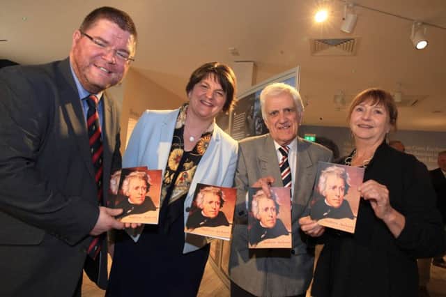 Ian Crozier, chief executive Ulster-Scots Agency, DUP leader Arlene Foster and Patsy Cotrell, from Nashville, join Billy Kennedy at the President Andrew Jackson brochure launch