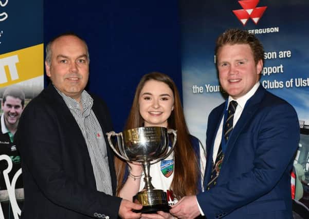 Pictured receiving the William Wilson Cup for Junior Member of the Year is Georgia Nicholl, Randalstown YFC (centre) with Clarence Calderwood, United Feeds, (left) and James Speers, YFCU President (right).