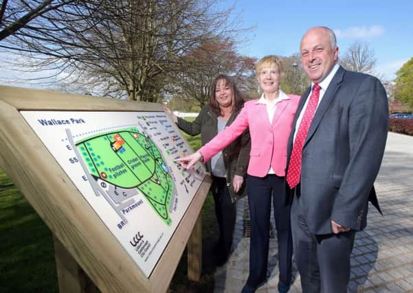 Pictured at the unveiling of the 'Map for All' in Wallace Park, Lisburn are Councillor Janet Gray MBE (centre), Alderman James Tinsley, Chair of the council's Leisure and Community Development Committee, and Paula Beattie, Policy and Campaigns Manager with the Royal National Institute of Blind People, Belfast.