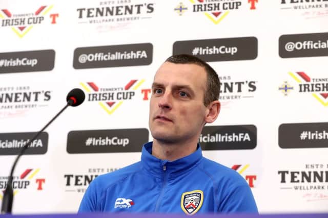 Coleraine manager Oran Kearney pictured during Wednesday night's Tennents Irish Cup Press Conference at the National Stadium, Belfast.