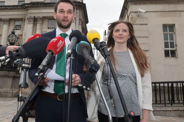 Daniel McArthur (director of Ashers Bakery) with wife Amy outside the High Court in Belfast as the Supreme Court heard their legal appeal about the refusal to bake a 'gay cake'. Photo Colm Lenaghan/Pacemaker Press