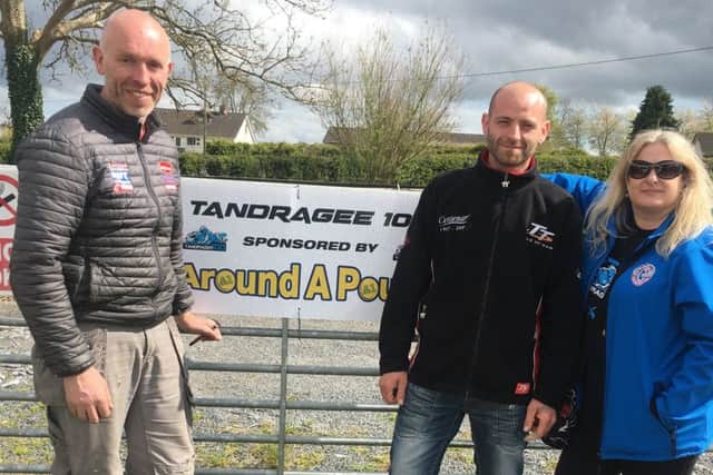 Enrico Rocchi (second from right) with John Burrows and Anne Forsythe, Tandragee 100 Clerk of the Course. Rocchi was shown around the course by former racer turned team owner Burrows during the week.