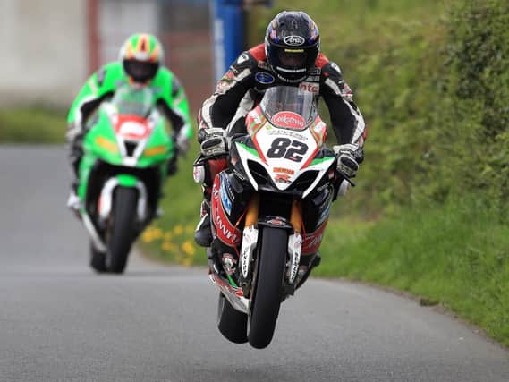 Derek Sheils won the Open Superbike race at the Tandragee 100 on Saturday.