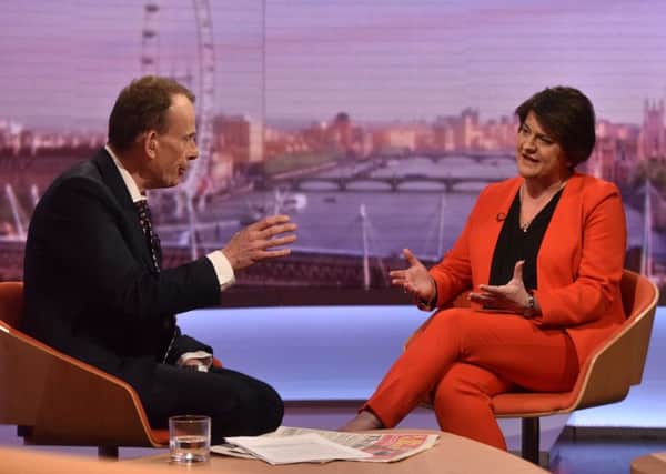 Presenter Andrew Marr (left) and DUP leader Arlene Foster (right) appearing on the BBC1 current affairs programme, The Andrew Marr Show on Sunday May 6, 2018. Photo: Jeff Overs/BBC/PA Wire