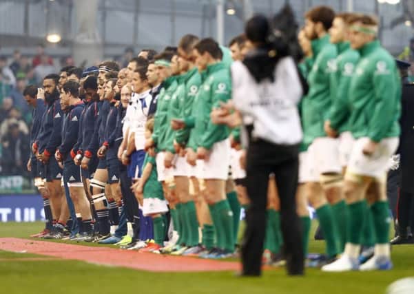 France and Ireland line up for each country's respective anthems in February 2017 at the Aviva Stadium, Dublin