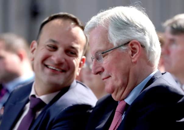 Taoiseach Leo Varadkar (left) and Michel Barnier in Dundalk. The Irish government, fully backed by Brussels, is threatening to veto any further progress towards an implementation period or trade talks until they have what they see as a satisfactory solution to the Irish border issue
