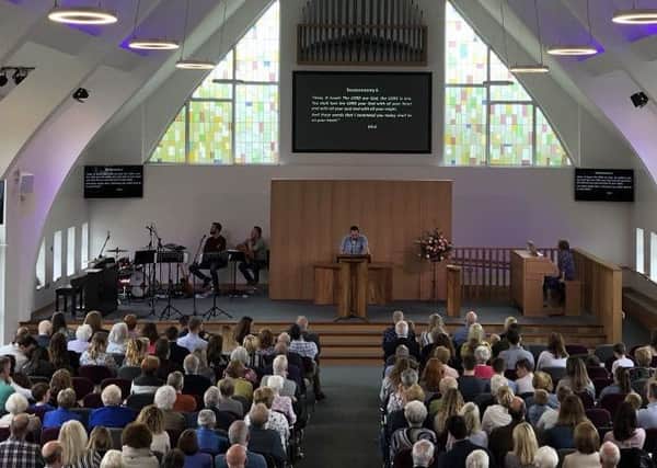 The congregation in the refurbished interior of Saintfield Road Presbyterian Church during a service last Sunday