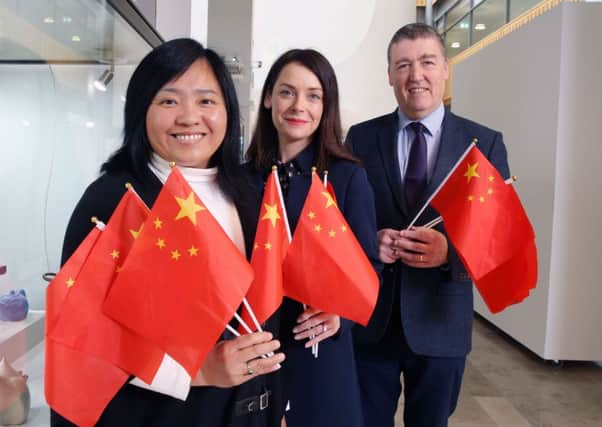 Prof Ian Montgomery with Yan Liu, director, Confucius Institute Ulster University, left, and Catriona McCarthy, director of internationalisation