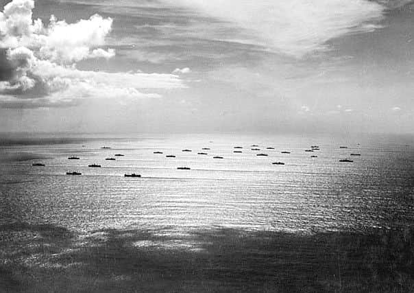 An Allied convoy heads eastward across the Atlantic