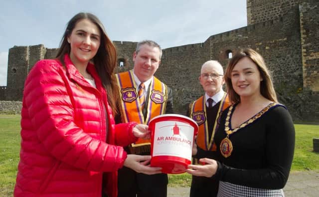 The Deputy Mayor of Mid & East Antrim, Cllr Cheryl Johnston, with Grace Williams, Area Fundraising manager Air Ambulance NI, Bro Darren McAliister, chairman of C.H.R.A.G. and District Master of No.19 Bro John McMurran.