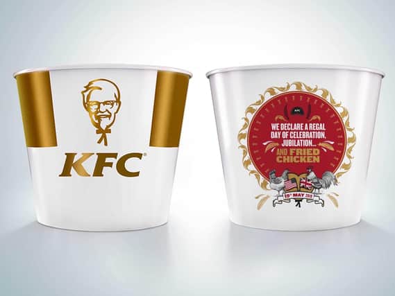 Undated handout photo issued by KFC of their limited edition commemorative bucket to celebrate the royal wedding. Just 50 of the specially designed buckets will be available exclusively from the KFC Windsor restaurant on the day of the weddi