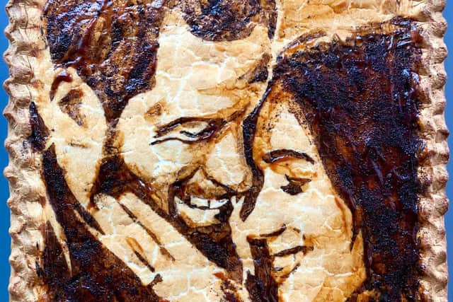 Pork Farms have collaborated with food artist Nathan Wyburn to create a custom made pie using over 552 square inches of pastry drawn with gravy granules, recreating Prince Harry and Meghan Markle's engagement photo
