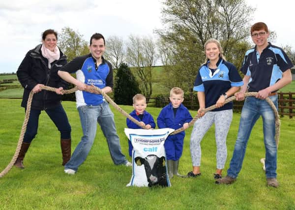 Members of Ballywalter and Randalstown YFC gearing up for tug of war final with some help from two younger farmers. The competition is sponsored by Thompsons
