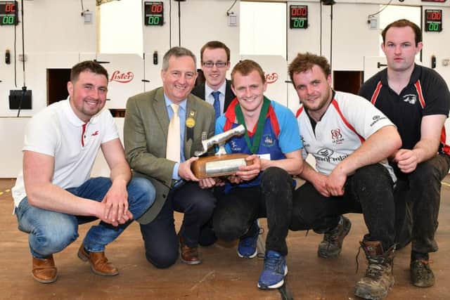 Pictured (left-right) second place winner, Sean McCollum, The Glens YFC, David John from sponsor, Lister Shearing, William Beattie, YFCU vice president, first place winner of the YFCU advanced sheep shearing competition, Russell Smyth, Coleraine YFC and third place winner, Chris Coulter, Straid YFC. Also pictured is Stephen Morgan, Spa YFC, winner of the quality prize for the pen of best shorn sheep
