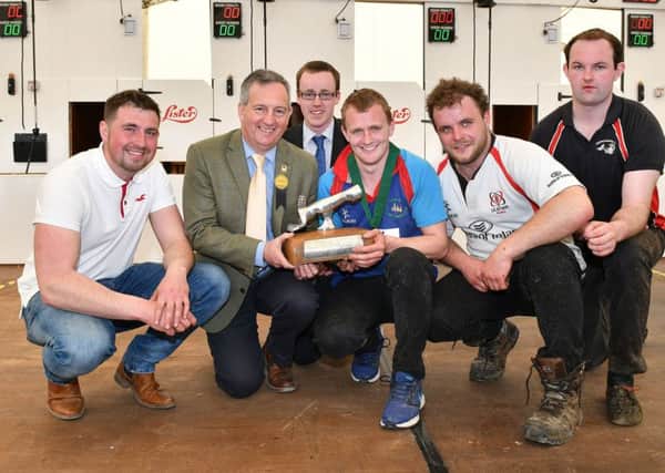 Pictured (left-right) second place winner, Sean McCollum, The Glens YFC, David John from sponsor, Lister Shearing, William Beattie, YFCU vice president, first place winner of the YFCU advanced sheep shearing competition, Russell Smyth, Coleraine YFC and third place winner, Chris Coulter, Straid YFC. Also pictured is Stephen Morgan, Spa YFC, winner of the quality prize for the pen of best shorn sheep