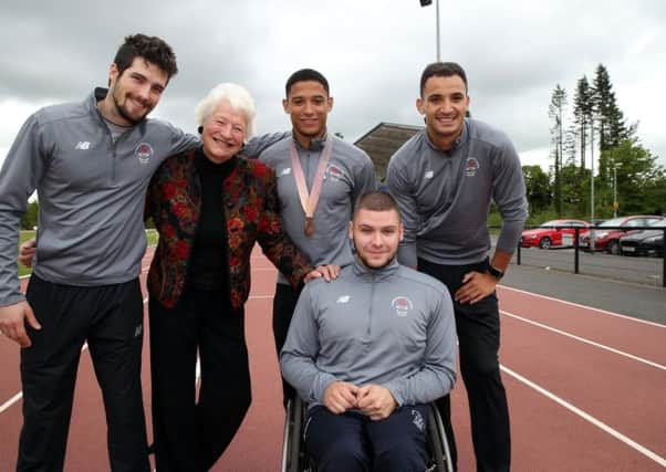 Pictured at the launch of the Belfast International Athletis meet at Mary Peters Track are Ben Reynolds,High Hurdles,Mary Peters,Commonwealth 200m bronze medallist Leon Reid,Adam McMullen Lone Jump and Jack Agnew,Wheelchair 1,500m