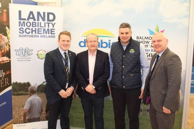 James Speers, president Young Farmers Clubs of Ulster, with Des Kelly, Kavanagh Kelly Accountants; William Allister, Dunbia, John McCallister, Land Mobility Programme.