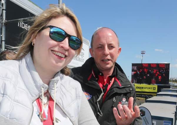 Karen Bradley with Fergus McKay, operations manager, at the North West 200 on Thursday