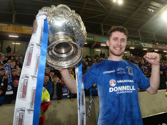 Ryan Mayse  celebrates winning the League Cup with Dungannon Swifts in February. Photo Colm Lenaghan/Pacemaker Press