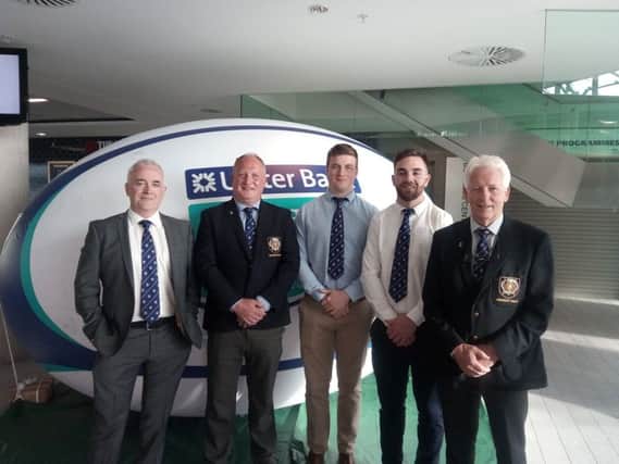 Omagh Accies representatives at the Ulster Bank League Awards dinner last night in the Aviva Stadium from left, Mervyn Beattie, Stuart McCain (nominated for Ulster Bank Division 2C player of the year, Ashley Blair and Tony Neill