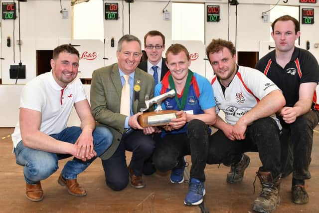 Pictured (left-right) second place winner, Sean McCollum, The Glens YFC, David John from sponsor, Lister Shearing, William Beattie, YFCU vice president, first place winner of the YFCU advanced sheep shearing competition, Russell Smyth, Coleraine YFC and third place winner, Chris Coulter, Straid YFC. Also pictured is Stephen Morgan, Spa YFC, winner of the quality prize for the pen of best shorn sheep