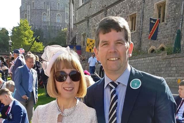 Adrian Petticrew and his partner Sharon Sherrard in the ground of Windsor Castle on Saturday