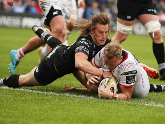 Kieran Treadwell scores a try for Ulster