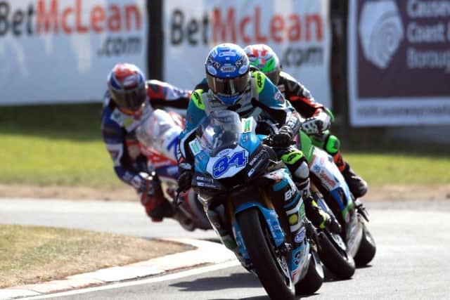 Alastair Seeley leads James Hillier and Gary Johnson in Saturday's Supersport race at the North West 200.