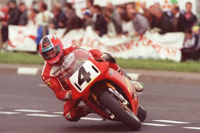 Carl Fogarty won both Superbike races on the Moto Cinelli Ducati at the North West 200 in 1993.