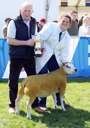 Elizabeth McAllister is presented with the trophy for best home-bred sheep, Arnagullion Candy Crusher by Brendan Arthurs from Portaferry