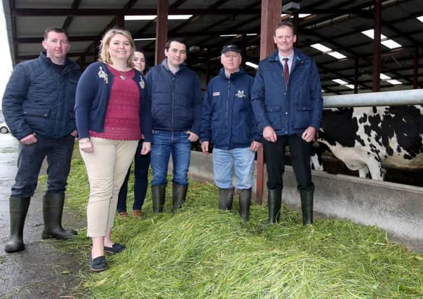 Secretary of State Karen Bradley meets representatives from Quinn Building Products in Derrylin, Co Fermanagh, to discuss a range of issues including Brexit and its impact on border businesses. Also pictured is Damien McManus, Claire Crawford, Aidan McManus, Kevin McManus and David Brown, Deputy President of the Ulster Farmers Union.  Picture by Jonathan Porter / Press eye