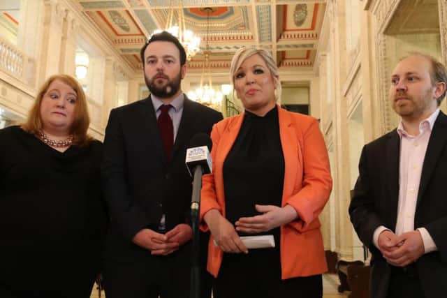 Leaders of the Pro-Remain parties in Northern Ireland, (left to right) Colm Eastwood from the Social Democratic and Labour Party, Michelle O'Neill from Sinn Fein, Steven Agnew from the Green Party and Naomi Long from the Alliance Party, hold a joint press conference urging the UK to keep aligned with EU customs arrangements post-Brexit at the Parliament Buildings, Stormont.