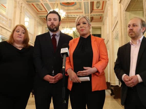 Leaders of the Pro-Remain parties in Northern Ireland, (left to right) Colm Eastwood from the Social Democratic and Labour Party, Michelle O'Neill from Sinn Fein, Steven Agnew from the Green Party and Naomi Long from the Alliance Party, hold a joint press conference urging the UK to keep aligned with EU customs arrangements post-Brexit at the Parliament Buildings, Stormont.