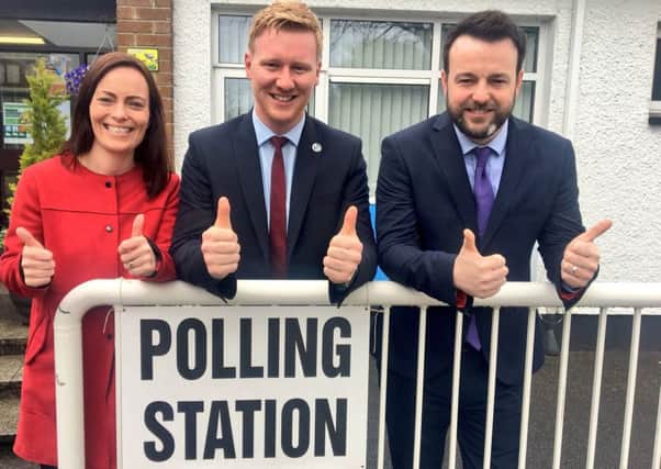 SDLP's Daniel McCrossan centre with SDLP leader Colum Eastwood, right, and deputy leader Nichola Mallon, left. The change in SDLP policy has been received negatively by many in the 'pro life' community