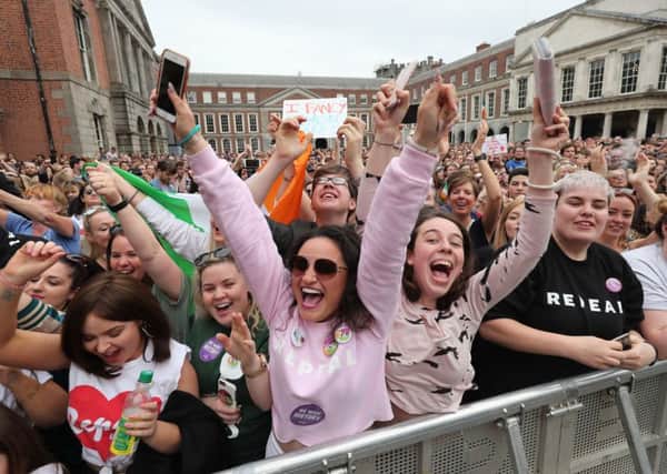 Yes campaigners in Dublin celebrate as the results are announced in the referendum on the 8th Amendment of the Irish constitution. Photo: Niall Carson/PA Wire
